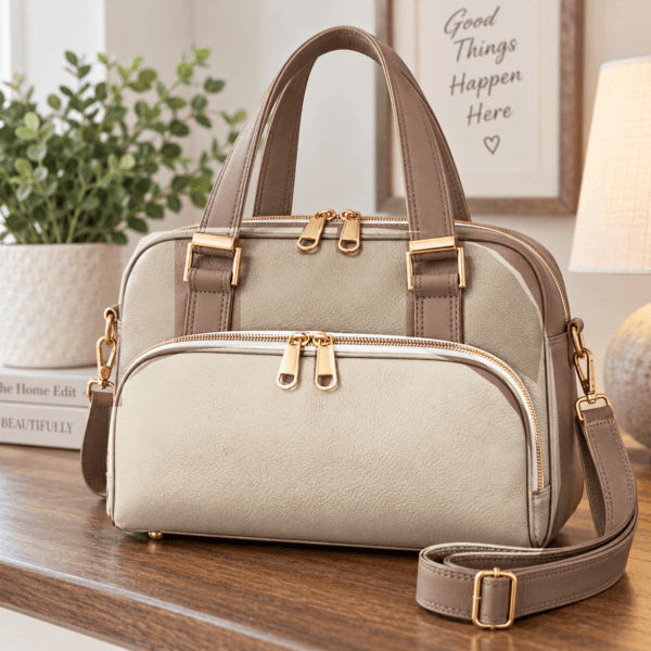 Custom neutral bowler bag with cream and taupe exterior, gold hardware and front zipper pocket