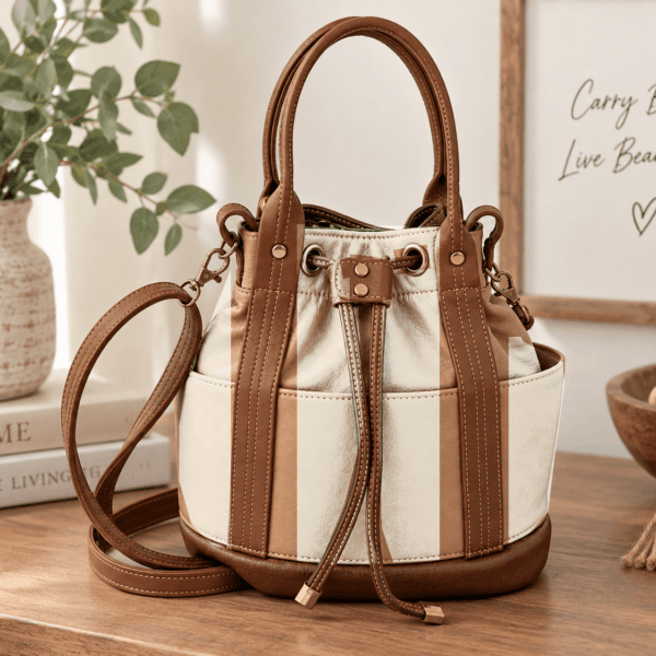 Custom drawstring bucket handbag with cream and brown materials and antique bronze hardware
