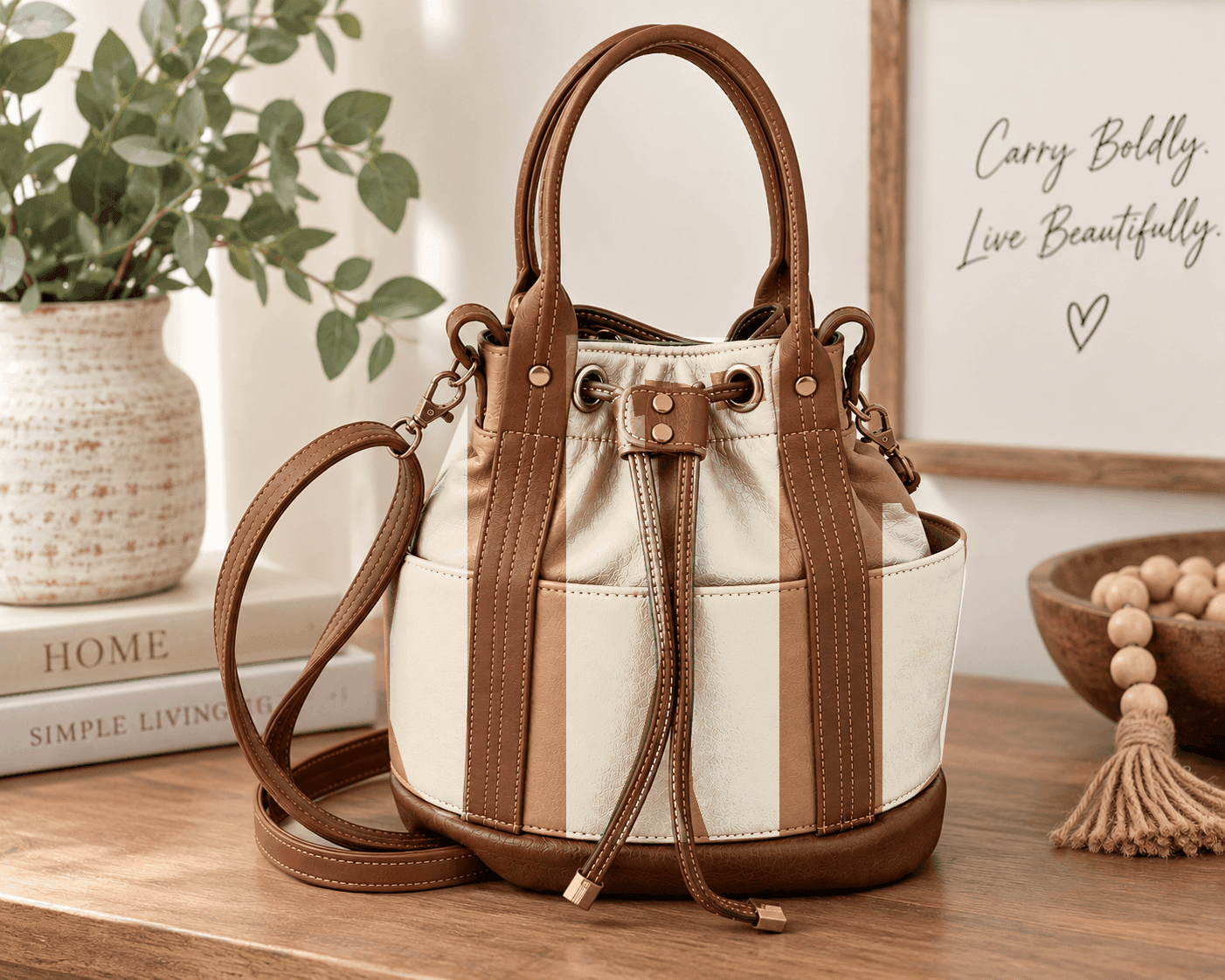 Custom drawstring bucket handbag with cream and brown materials and antique bronze hardware