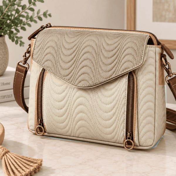 Custom cream and taupe crossbody handbag with expandable front pocket and antique bronze hardware