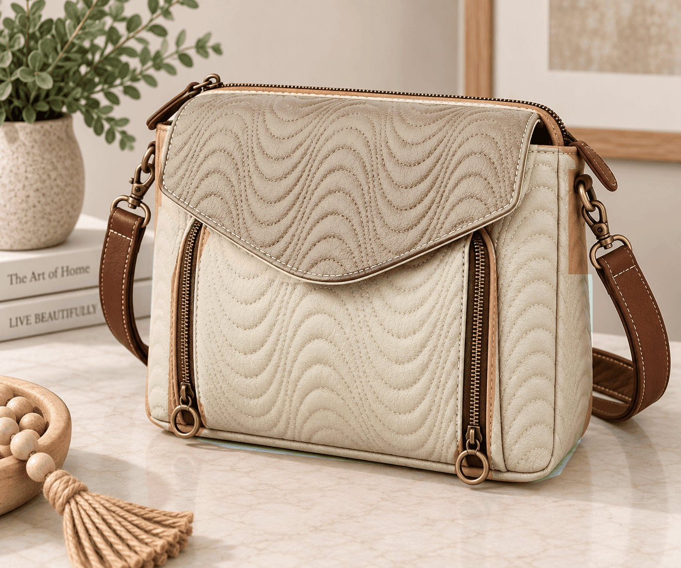 Custom cream and taupe crossbody handbag with expandable front pocket and antique bronze hardware