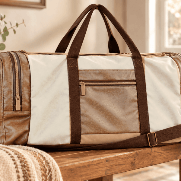 Cream and brown travel duffel bag with shoe compartment and adjustable shoulder strap
