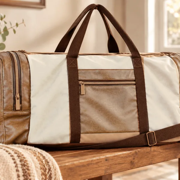 Cream and brown travel duffel bag with shoe compartment and adjustable shoulder strap