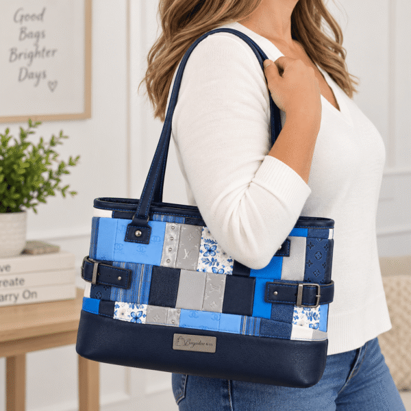 Woman carrying medium blue patchwork handmade tote bag with navy handles