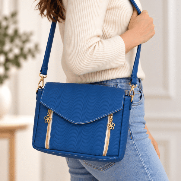 Model wearing blue quilted crossbody bag with adjustable strap