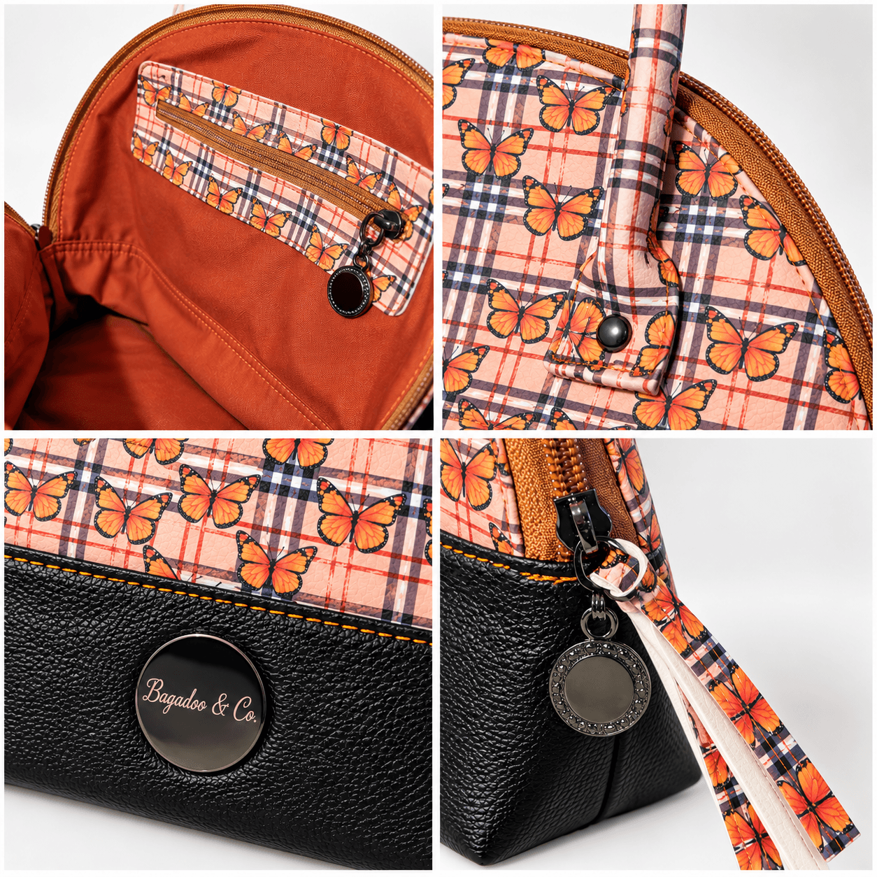 Four close-up views of butterfly plaid handbag showing interior zipper pocket, handle attachment, Bagadoo & Co. logo and decorative zipper pull.