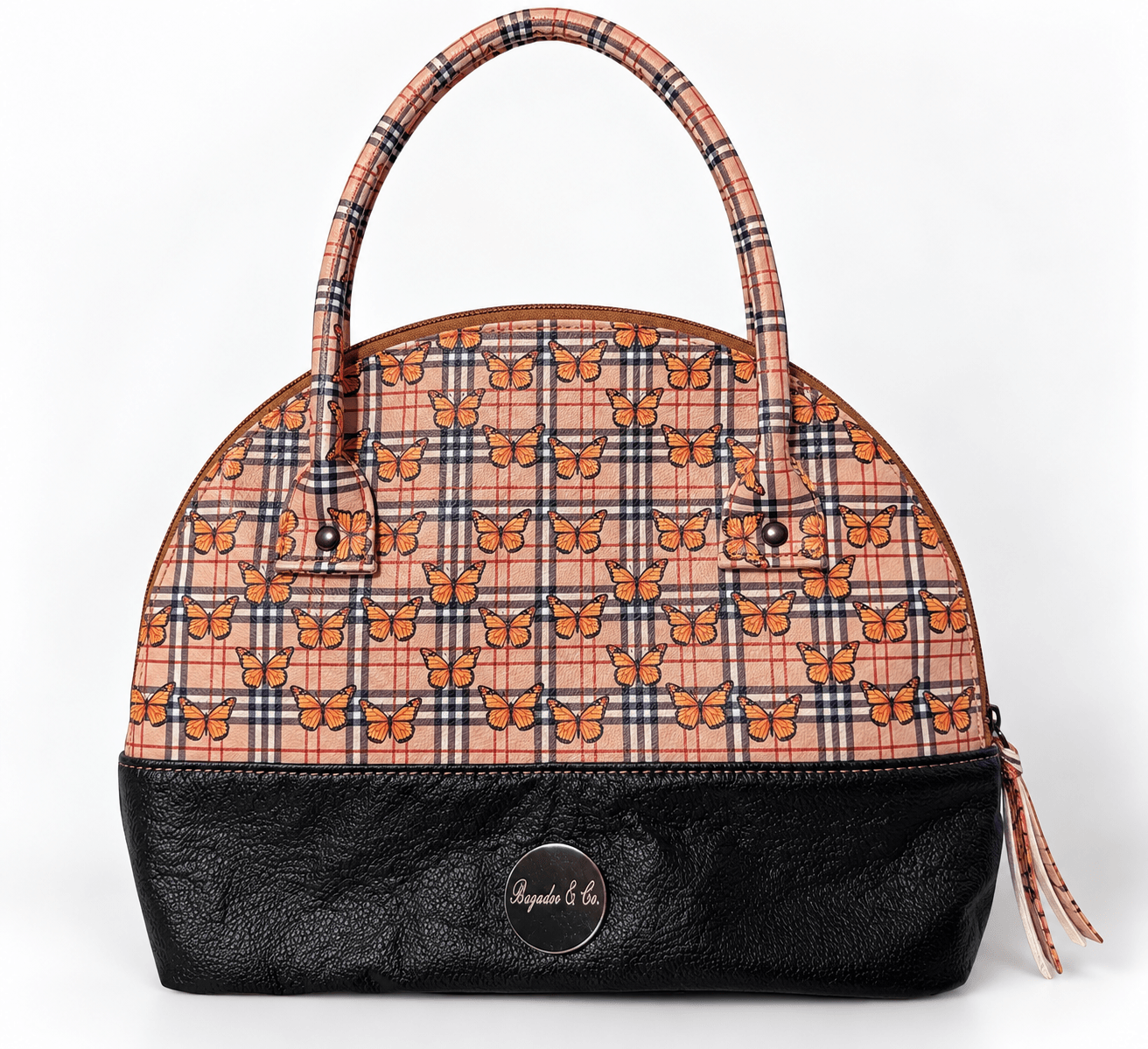 Handmade orange butterfly plaid handbag with black faux leather base, matching handles and Bagadoo & Co. logo.