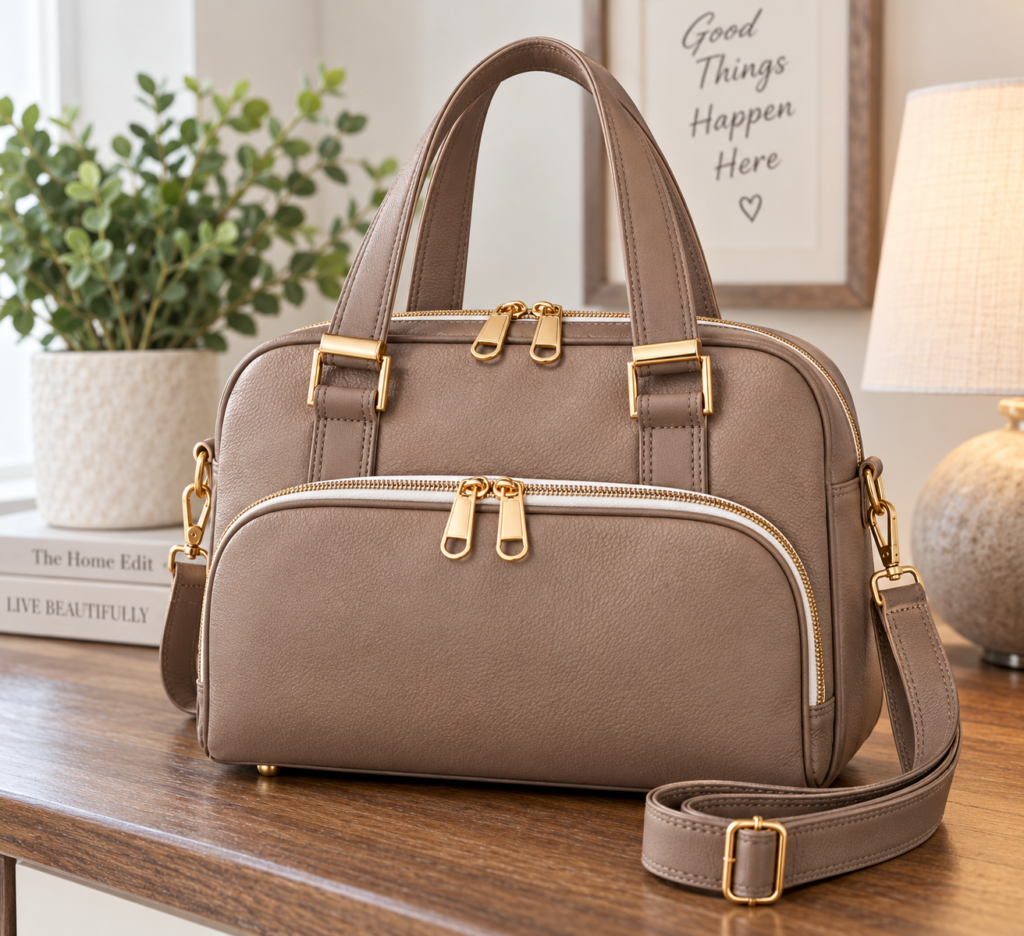 Custom neutral bowler bag with taupe exterior, gold hardware and front zipper pocket