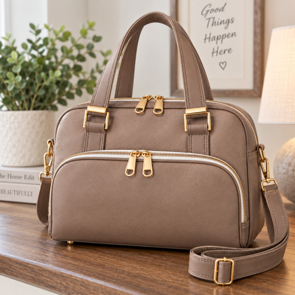 Custom neutral bowler bag with taupe exterior, gold hardware and front zipper pocket