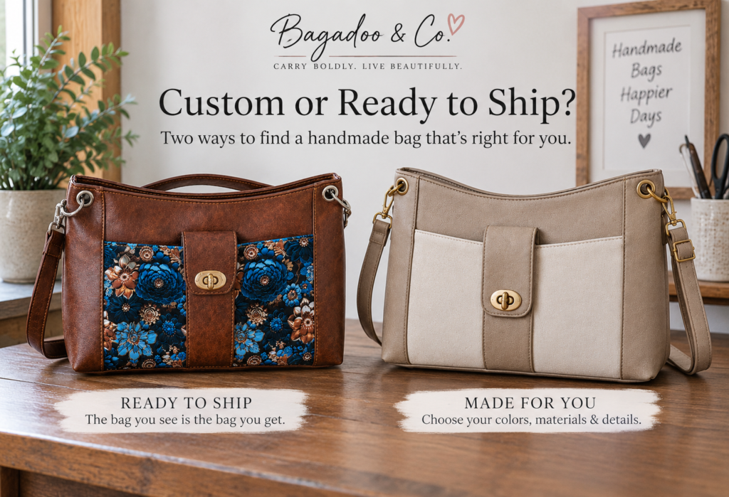 Custom vs ready-to-ship handmade handbags from Bagadoo & Co. shown side by side
