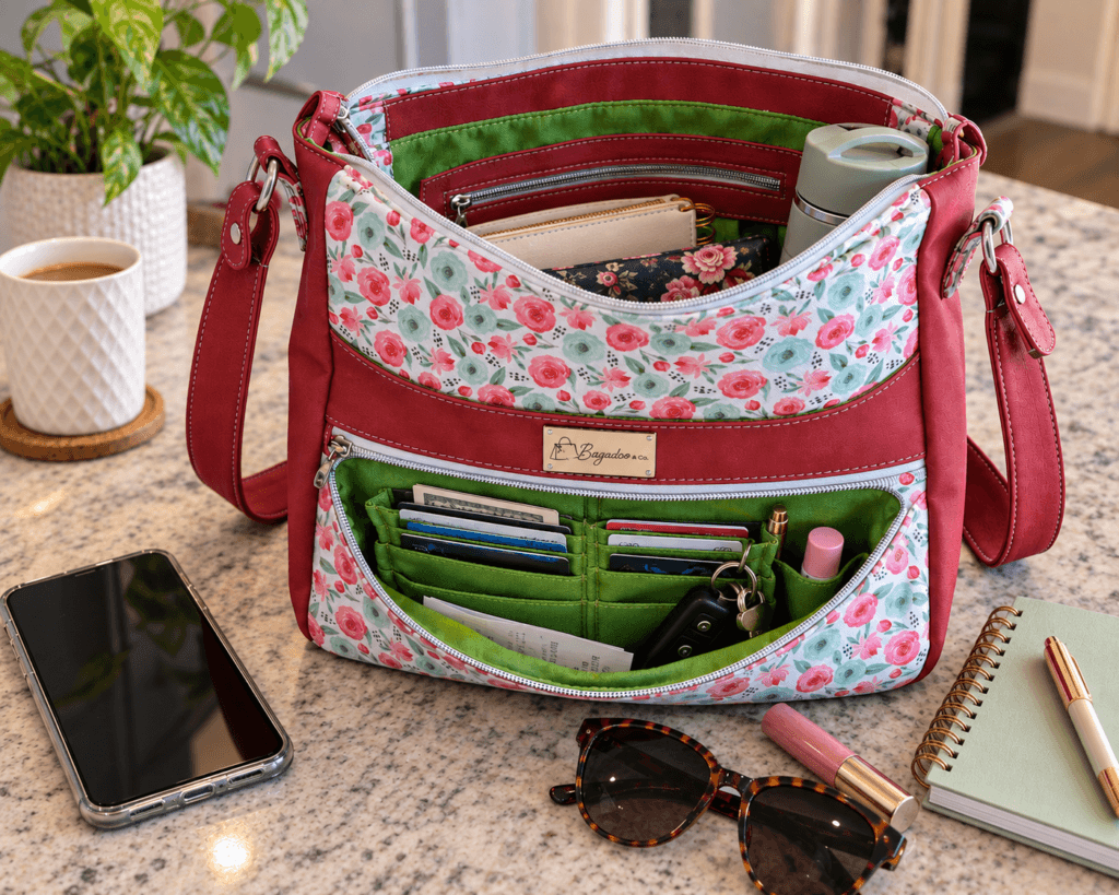 Floral Bagadoo handbag open to show organized card slots, pockets and everyday essentials