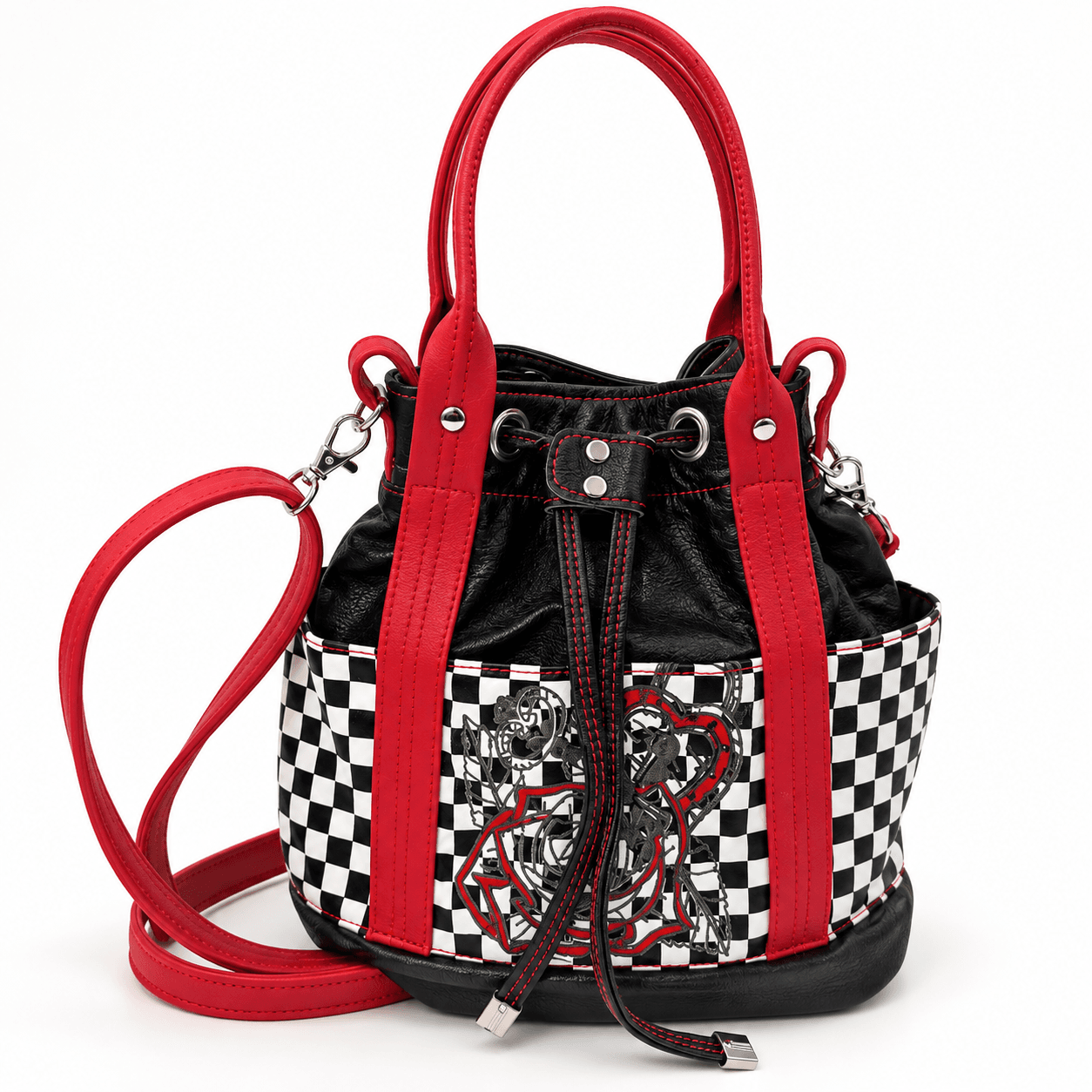 Red and black bucket handbag with black and white checkerboard exterior and adjustable shoulder strap