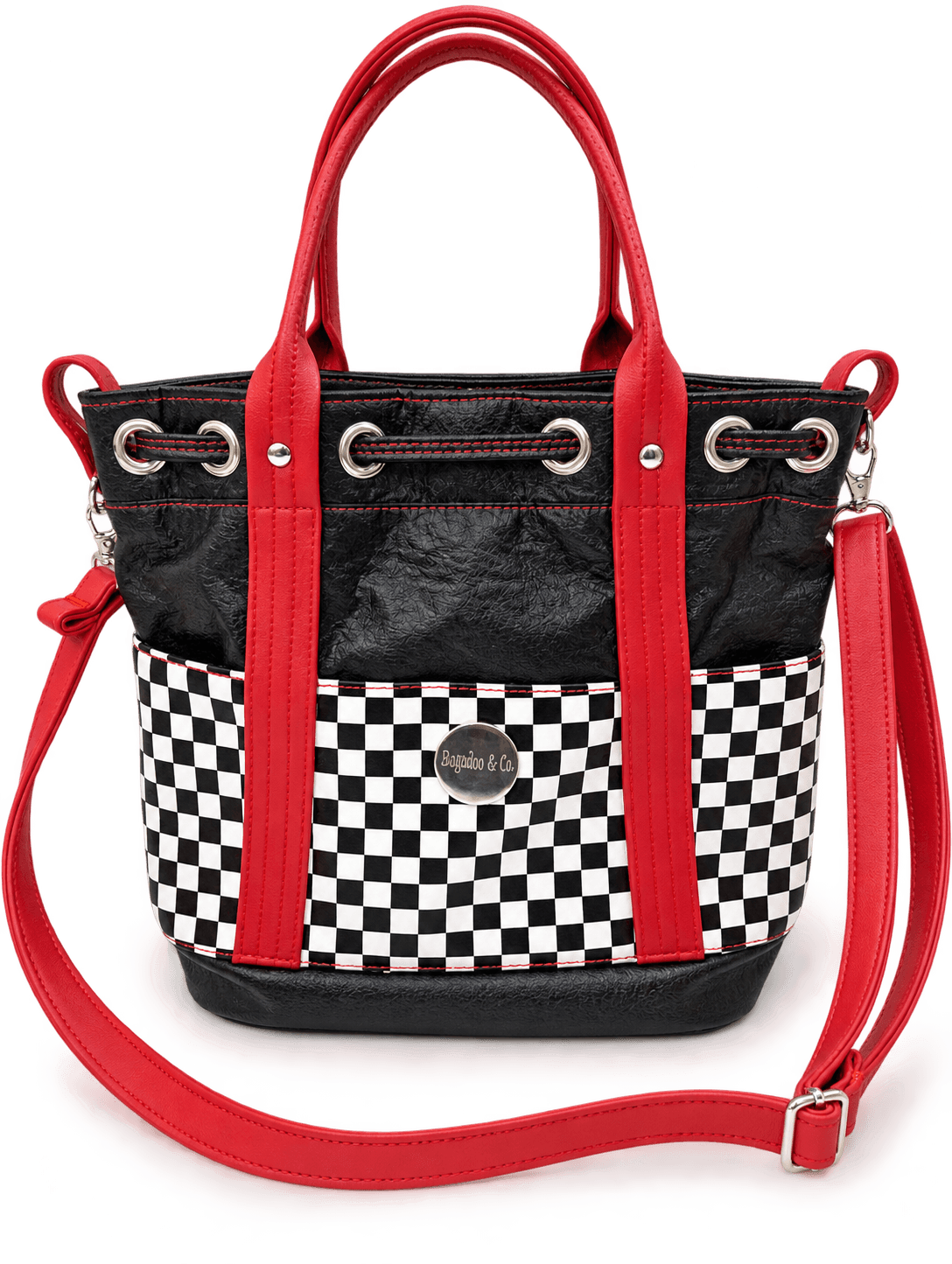 Back view of red and black bucket handbag with black and white checkerboard exterior pocket
