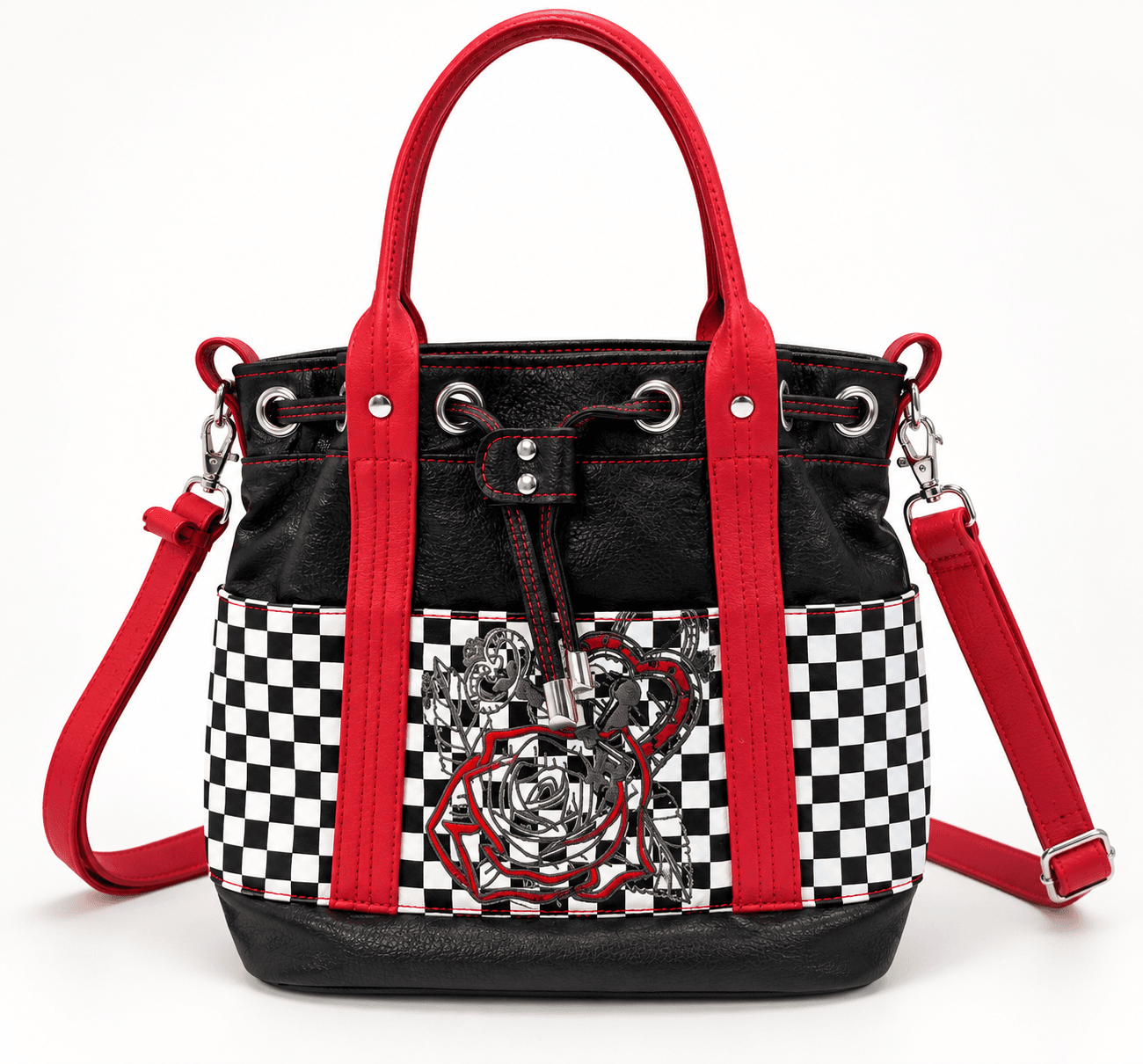 Black and white checkered bucket handbag with red handles and red black embroidered front detail