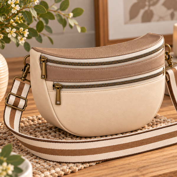 Cream and taupe faux leather crescent crossbody belt bag with two front-facing zippers, antique brass hardware, and striped adjustable strap.