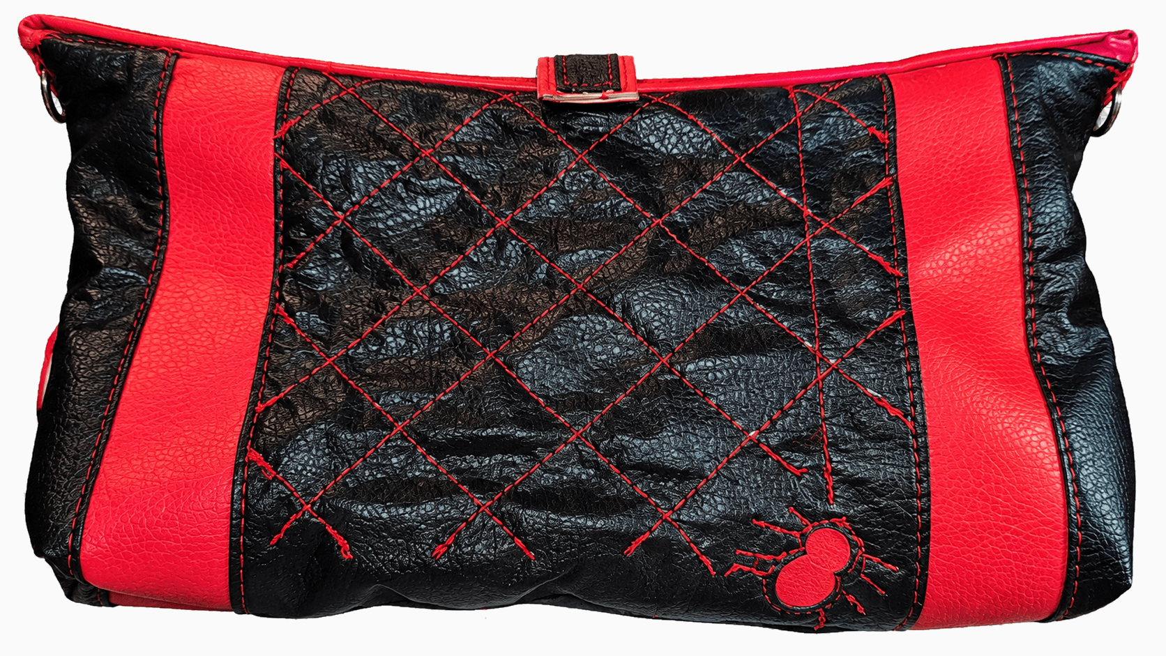 Back of red and black faux leather wristlet featuring diamond quilting, red stitching, and a decorative red spider reeverse appliqué.