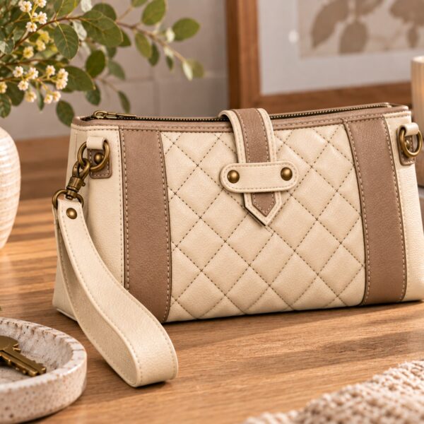 Cream and taupe quilted wristlet with diamond stitching, a front strap tucked beneath a riveted keeper, brass-tone hardware, and a detachable wrist strap.