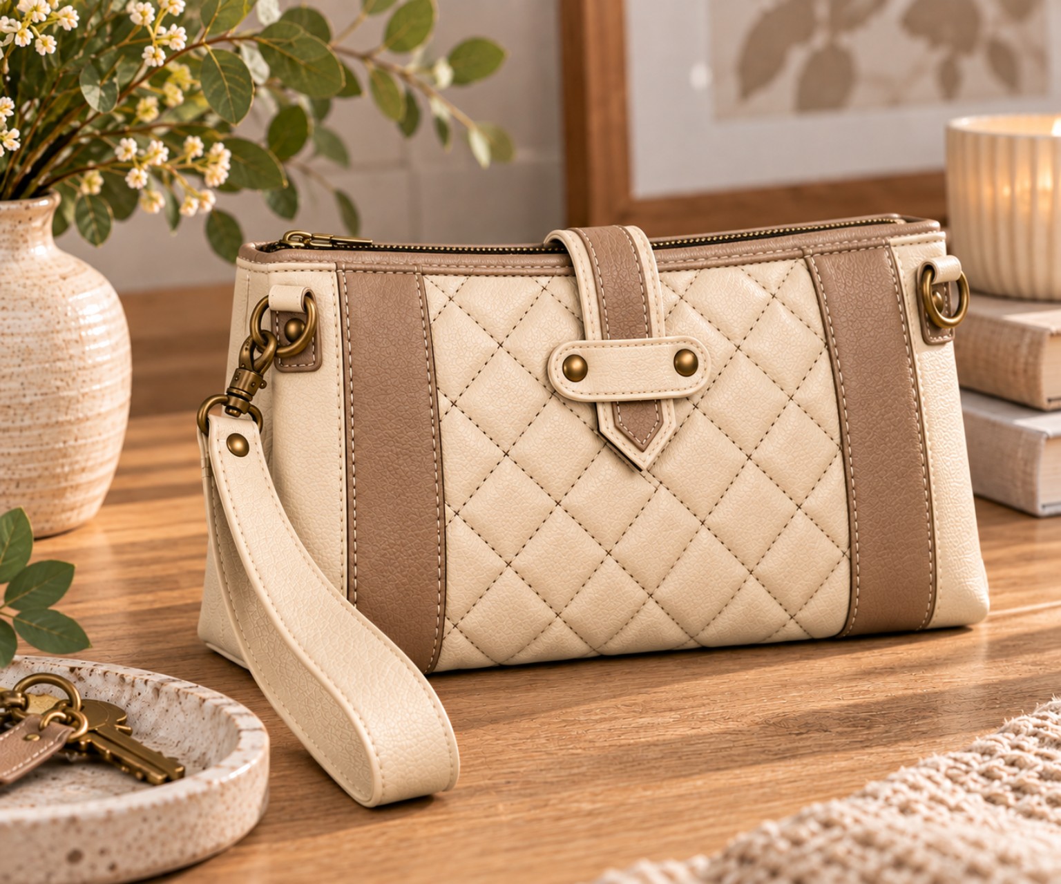Cream and taupe quilted wristlet with diamond stitching, a front strap tucked beneath a riveted keeper, brass-tone hardware, and a detachable wrist strap.