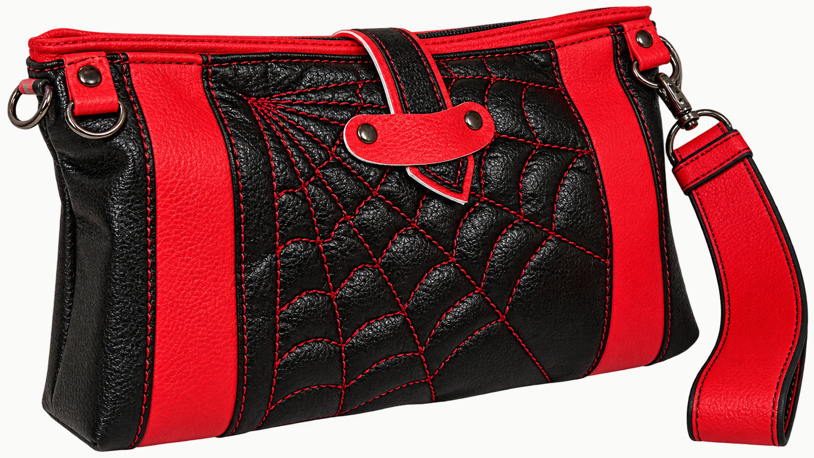 Handmade red and black faux leather wristlet with spiderweb quilting, red accent panels, decorative rivets, and matching wrist strap.