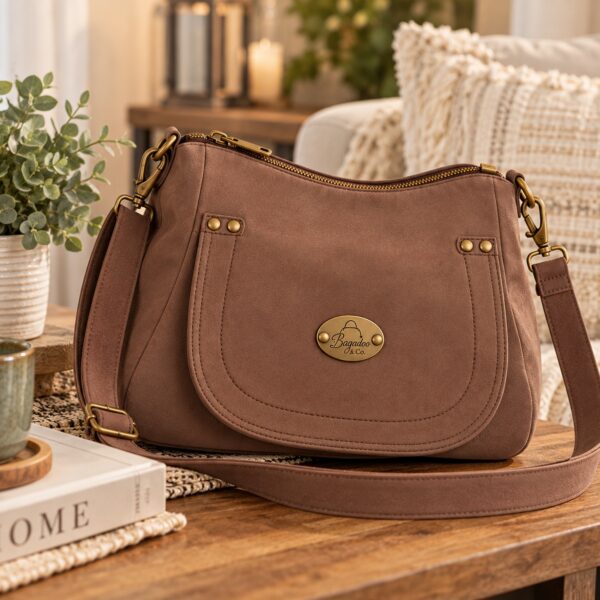 Brown faux suede relaxed hobo crossbody handbag with curved front flap and antique-bronze hardware displayed in a cozy interior.
