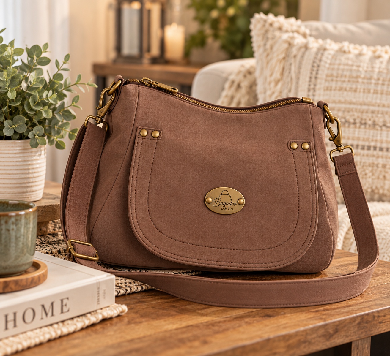 Brown faux suede relaxed hobo crossbody handbag with curved front flap and antique-bronze hardware displayed in a cozy interior.