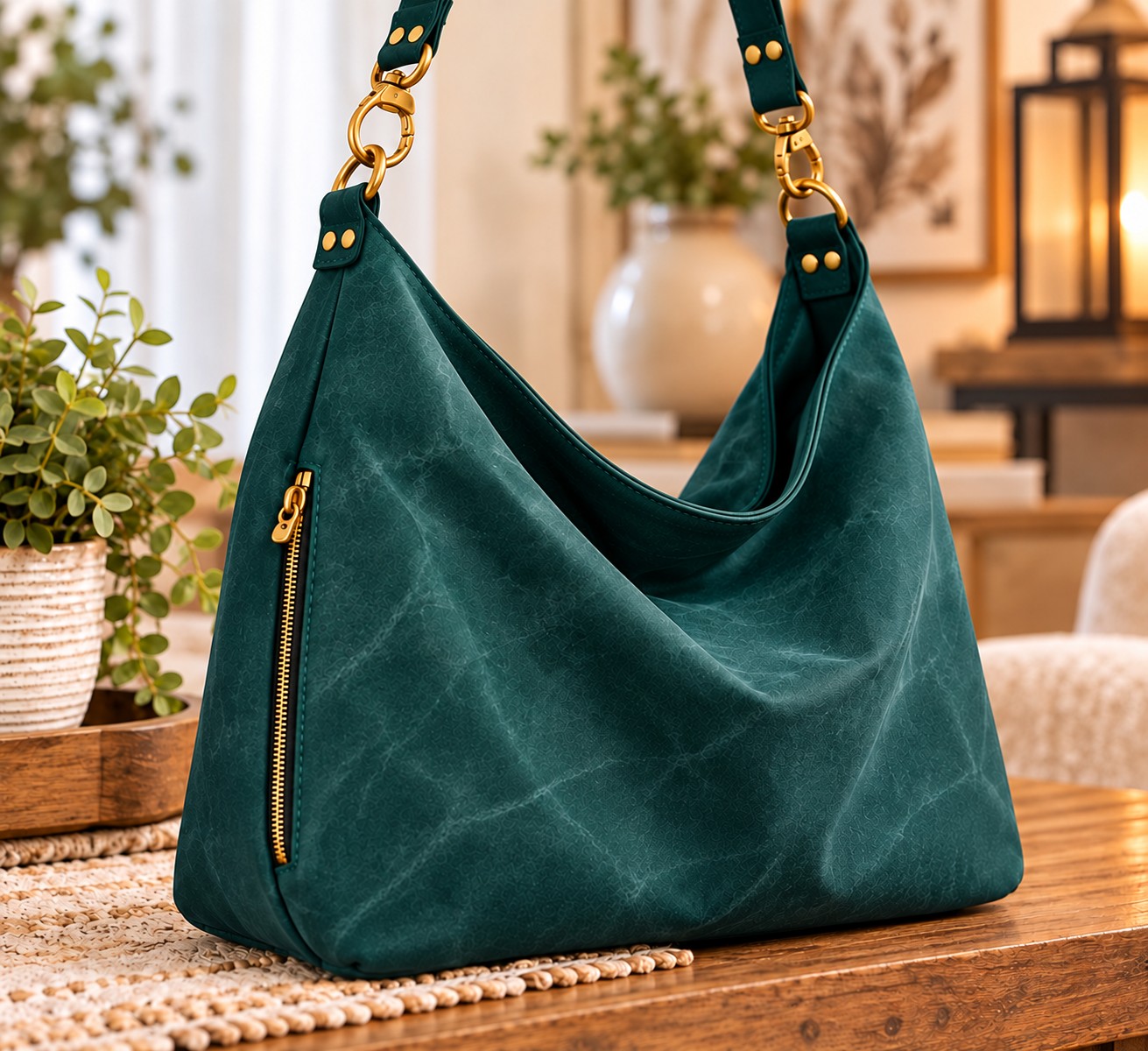 Dark teal slouch hobo shoulder bag with paired gold-tone rivets and a vertical exterior zipper on a wooden table.