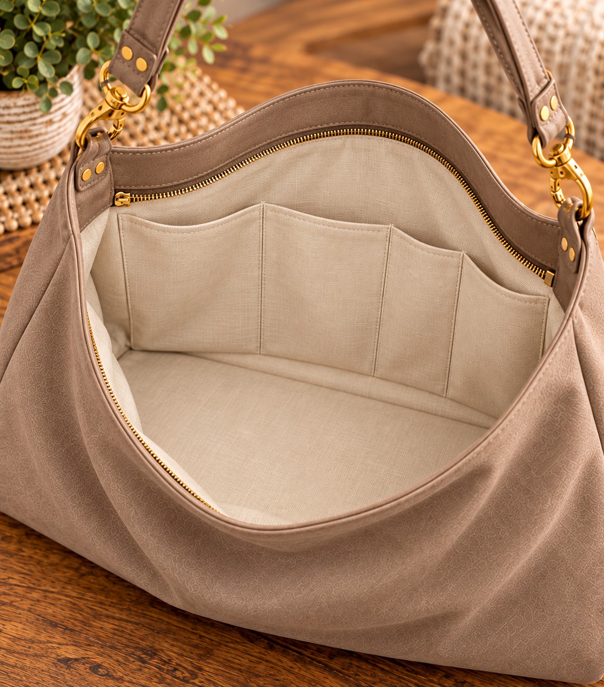 Open taupe slouch hobo shoulder bag with cream lining, four connected slip-pocket sections, and a recessed gold-tone main zipper.