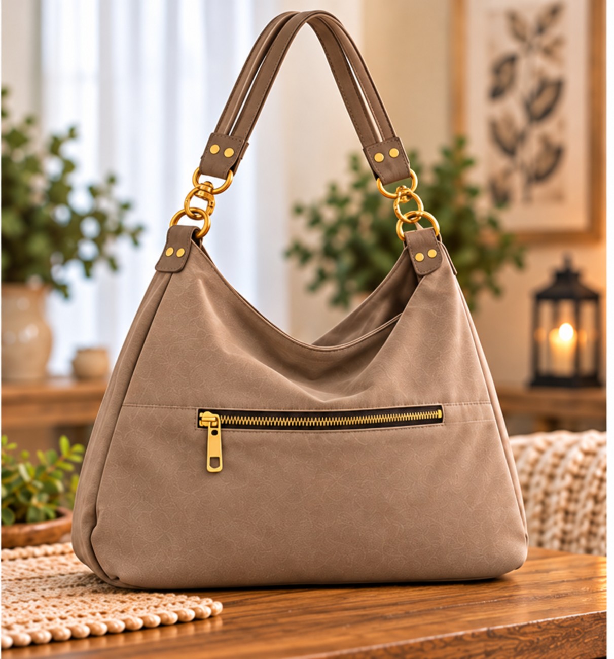 Taupe slouch hobo shoulder bag back view with a horizontal gold-tone zipper and paired rivets at the handle attachments.