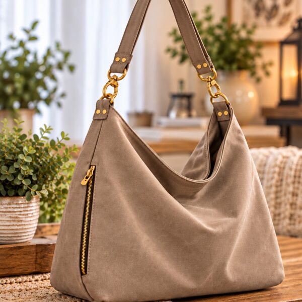 Taupe slouch hobo shoulder bag with paired gold-tone rivets and a vertical zippered pocket in a warm indoor setting.