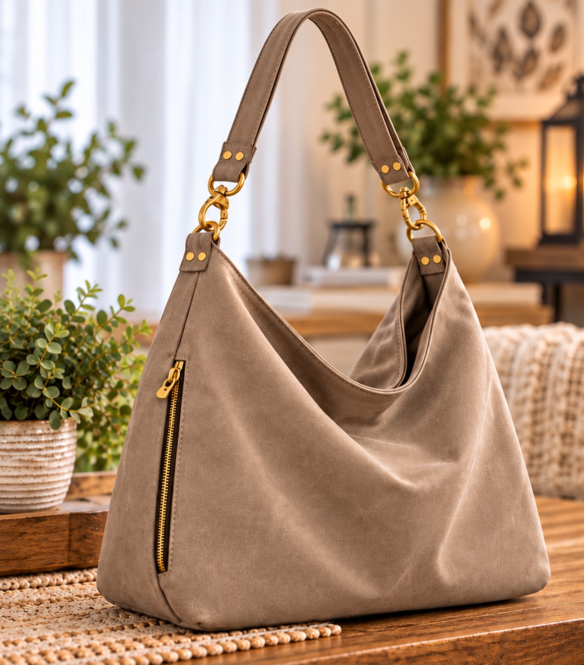 Taupe slouch hobo shoulder bag with paired gold-tone rivets and a vertical zippered pocket in a warm indoor setting.