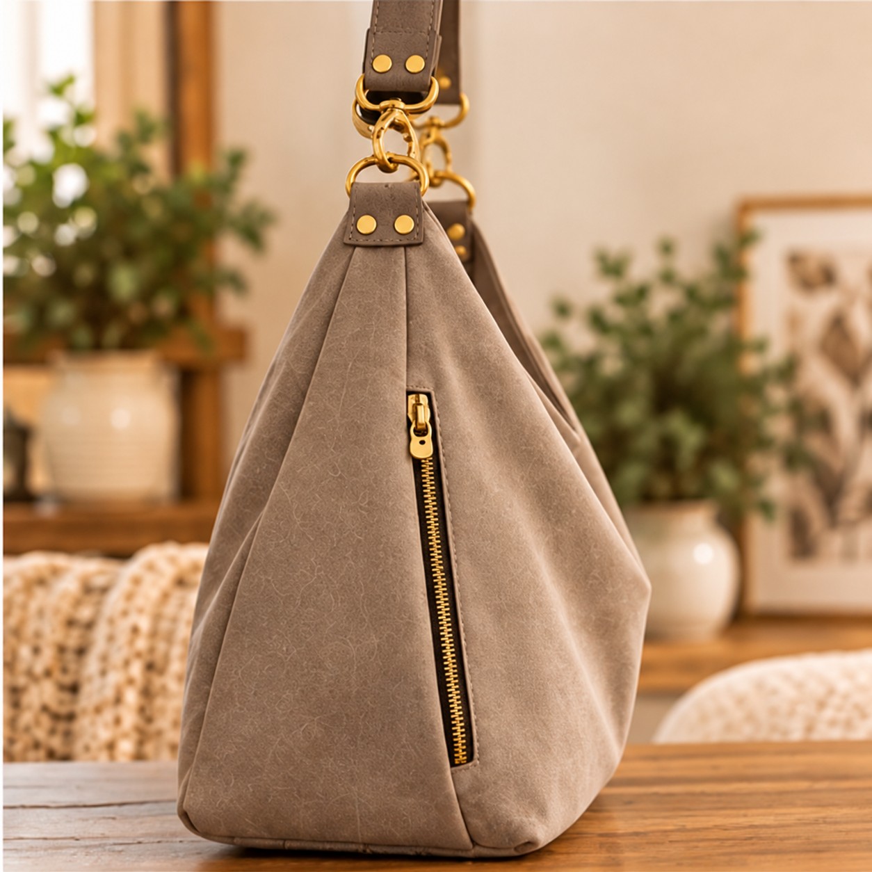 Side view of a taupe slouch hobo shoulder bag with a vertical gold-tone zipper and paired rivets on the connector.