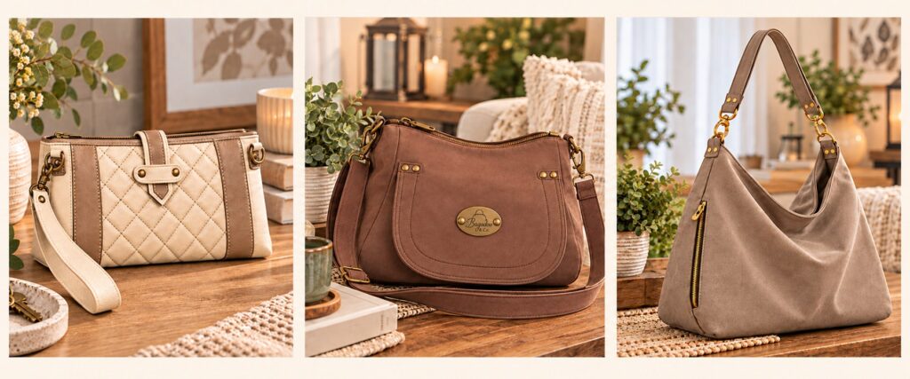 Winter 2026 handbag styles from Bagadoo: a cream quilted east-west clutch, brown faux-suede crossbody, and taupe slouch shoulder bag.